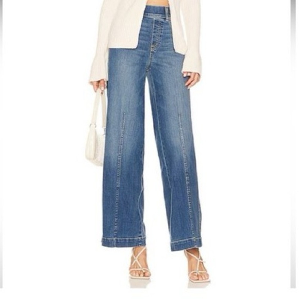 SPANX Seamed-Front Wide Leg Jeans - Blue Pull-On Shaping Denim - Size M - Picture 4 of 13